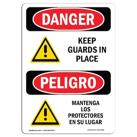 Signmission OSHA Sign, Keep Guards In Place Bilingual, 10in X 7in Aluminum, 7" W, 10" H, Bilingual Spanish OS-DS-A-710-VS-1388